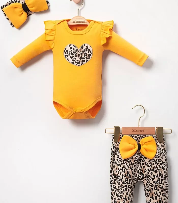 3-18 Ay Kız Bebek Alt&Üst Takımı Fiyonklu Leopar Sarı
