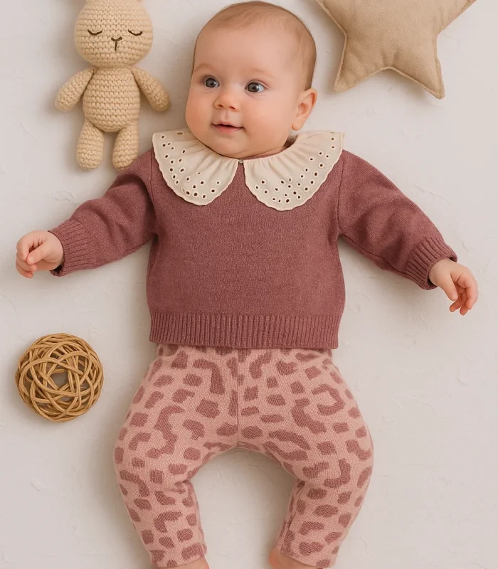 3-18 Ay Kız Bebek Takımı Büyük Yaka Güpürlü 2li Mor