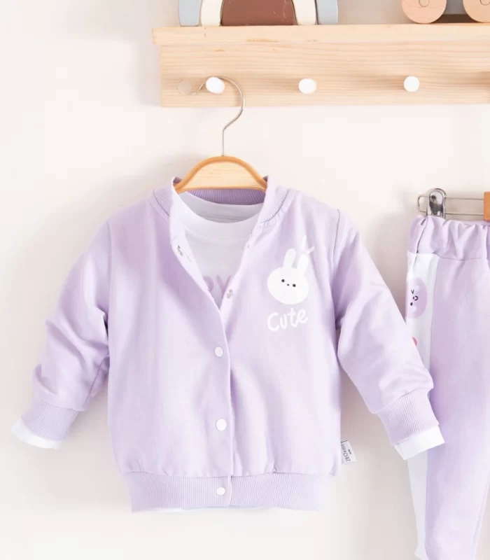 3-18 Ay Kız Bebek Takımı Cute Funny Kapişonlu 3lü Lila