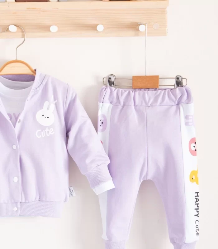 3-18 Ay Kız Bebek Takımı Cute Funny Kapişonlu 3lü Lila