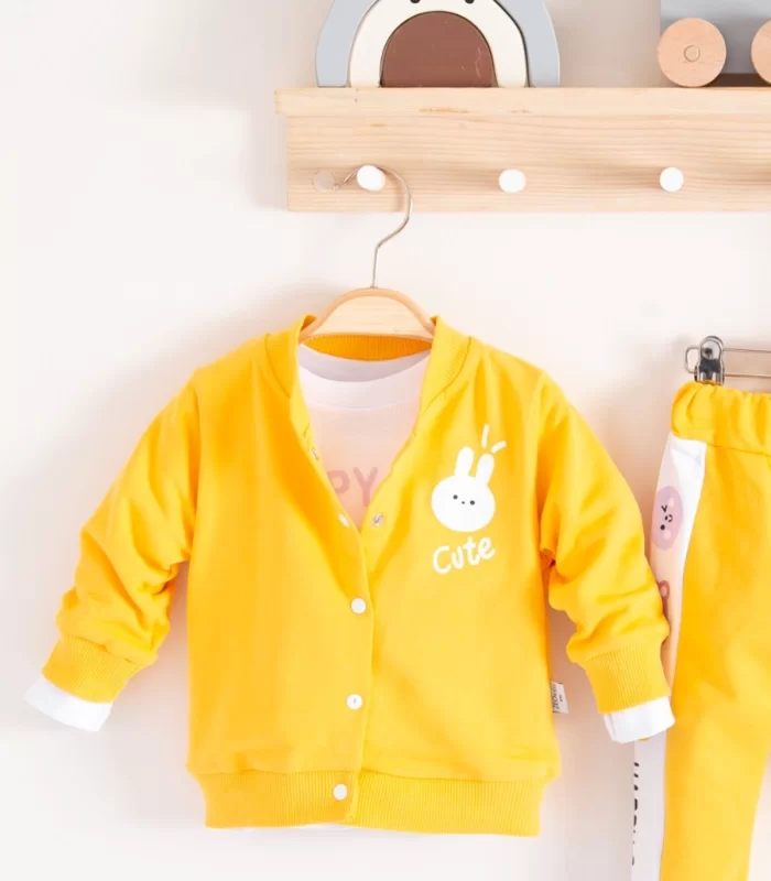 3-18 Ay Kız Bebek Takımı Cute Funny Kapişonlu 3lü Sarı