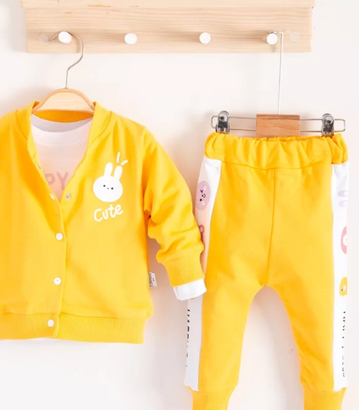 3-18 Ay Kız Bebek Takımı Cute Funny Kapişonlu 3lü Sarı