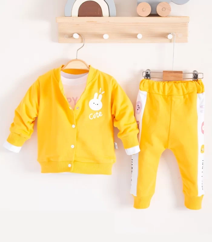 3-18 Ay Kız Bebek Takımı Cute Funny Kapişonlu 3lü Sarı