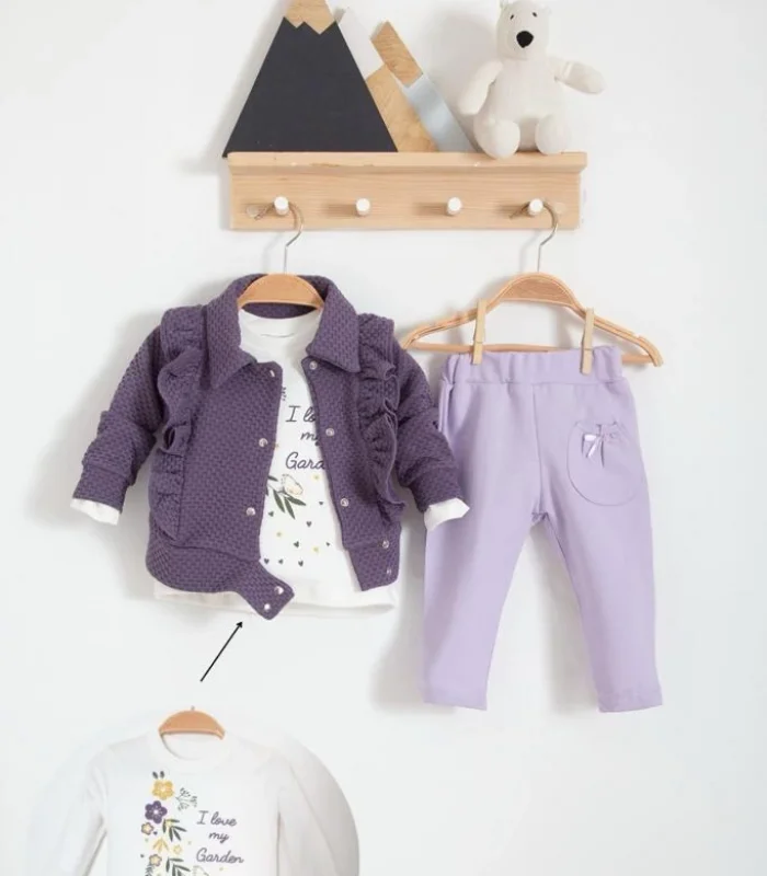 3-18 Ay Kız Bebek Takımı Fırfır Detay 3 Lü Mor