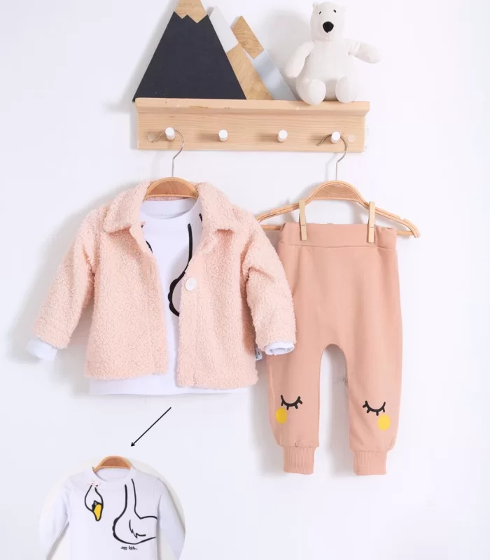 3-18 Ay Kız Bebek Takımı Peluş Hırkalı 3 Lü Açık Pembe