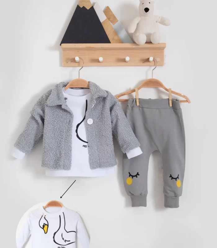 3-18 Ay Kız Bebek Takımı Peluş Hırkalı 3 Lü Gri