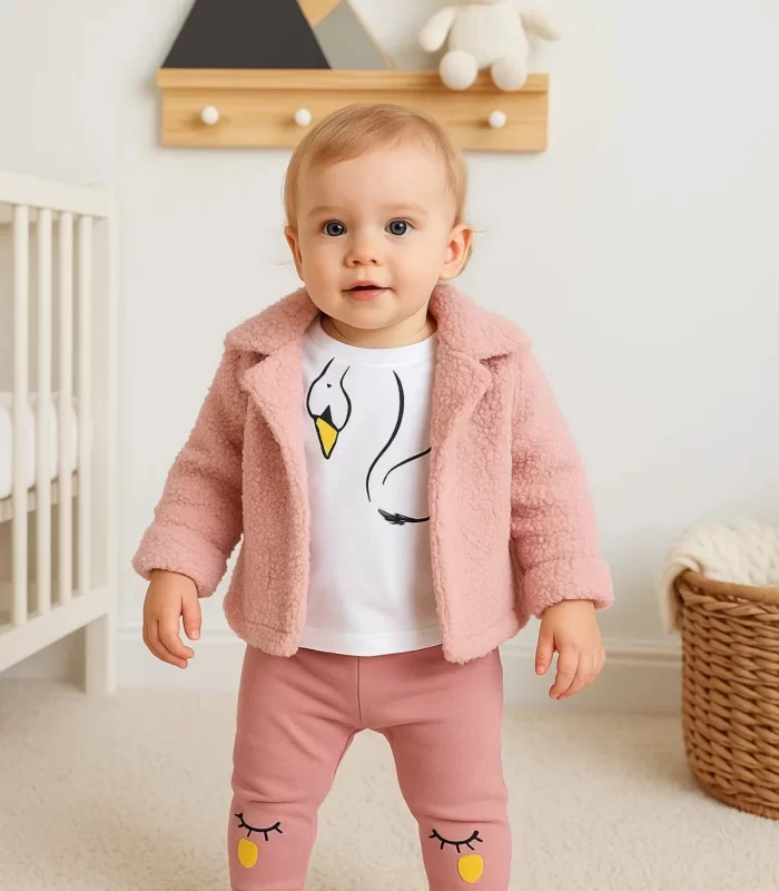 3-18 Ay Kız Bebek Takımı Peluş Hırkalı 3 Lü Pembe