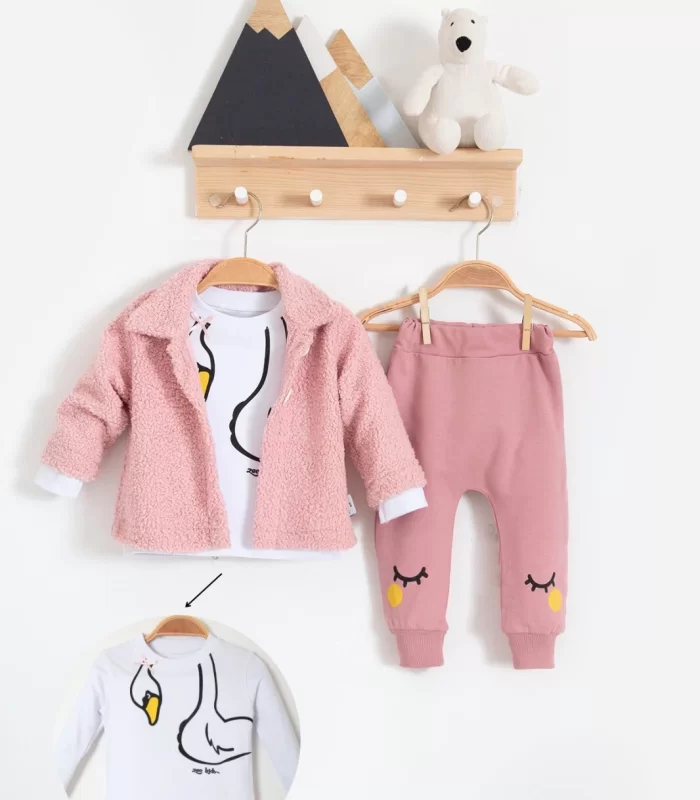 3-18 Ay Kız Bebek Takımı Peluş Hırkalı 3 Lü Pembe
