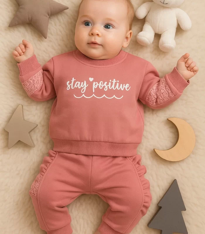 3-18 Ay Kız Bebek Takımı Stay Pozitive Dantelli 2li Fuşya