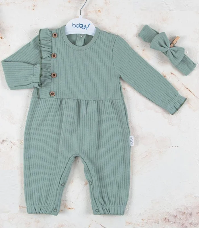 3-18 Ay Kız Bebek Tulumu Düğme Detay Bandanalı Yeşil