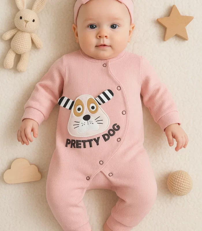 3-18 Ay Kız Bebek Tulumu Pretty Dog Bandanalı Gül Kurusu