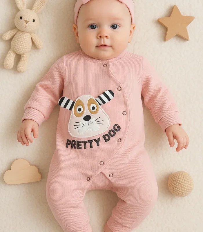 3-18 Ay Kız Bebek Tulumu Pretty Dog Bandanalı Gül Kurusu