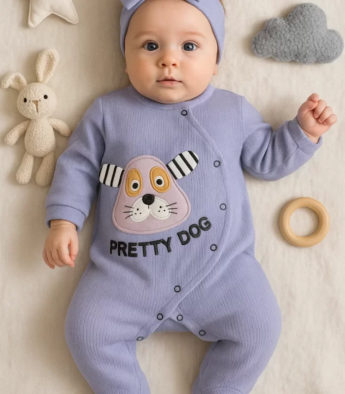 3-18 Ay Kız Bebek Tulumu Pretty Dog Nakış Bandanalı Lila