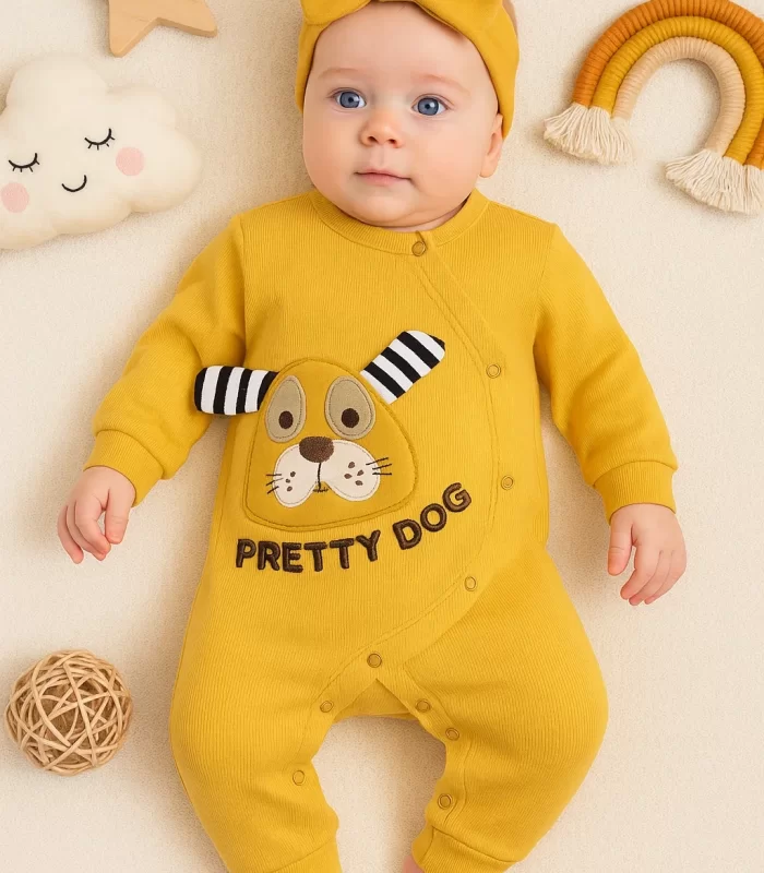 3-18 Ay Kız Bebek Tulumu Pretty Dog Nakış Bandanalı Sarı
