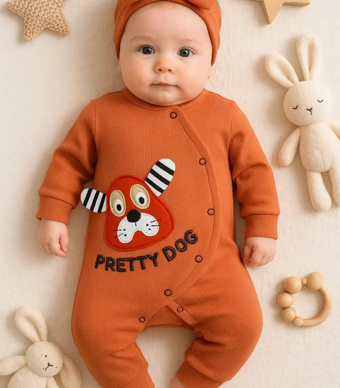 3-18 Ay Pretty Dog Kız Bebek Tulumu Bandanalı Kiremit