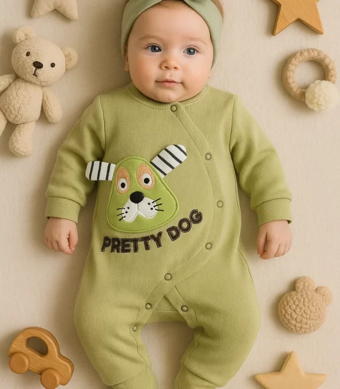 3-18 Ay Pretty Dog Kız Bebek Tulumu Bandanalı Yeşil