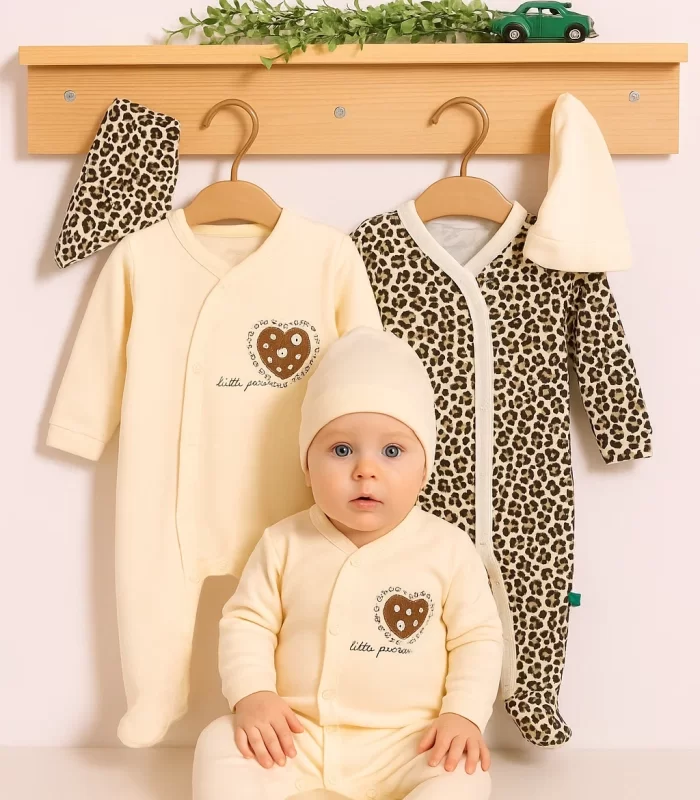 3-6 Ay Açık Kahve Leopar Kız Bebek 4lü Tulum Seti Kahverengi