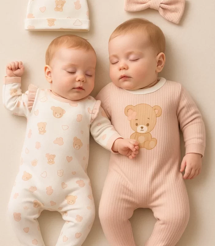 3-6 Ay Ayıcık Kız Bebek Tulum Fitilli Şapkalı 2 Adet Gül Kurusu