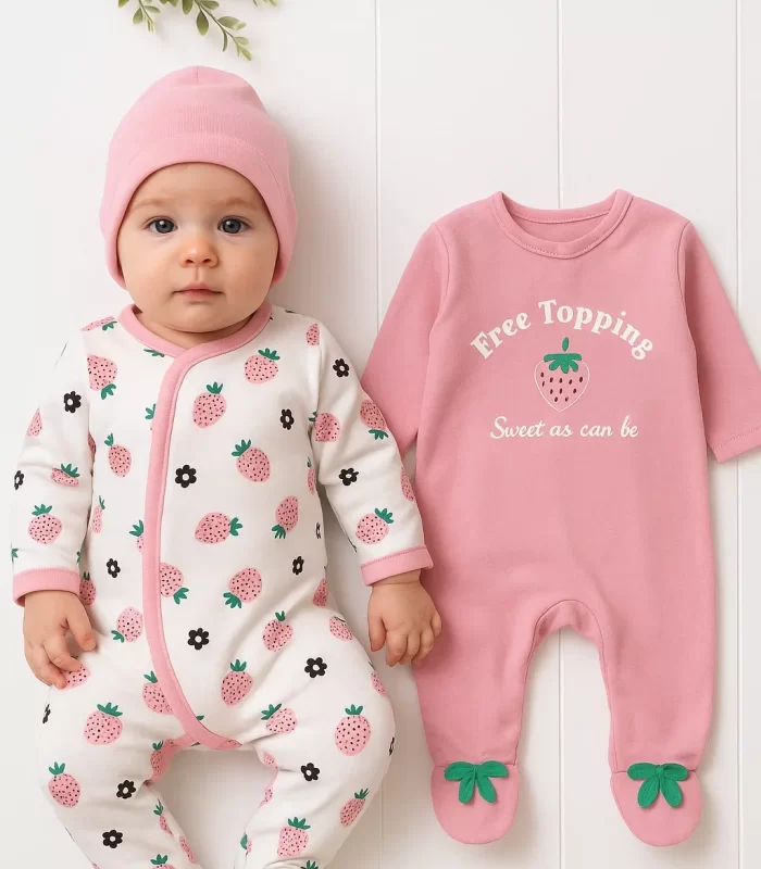 3-6 Ay Çilek Kız Bebek 4lü Tulum Seti Pembe