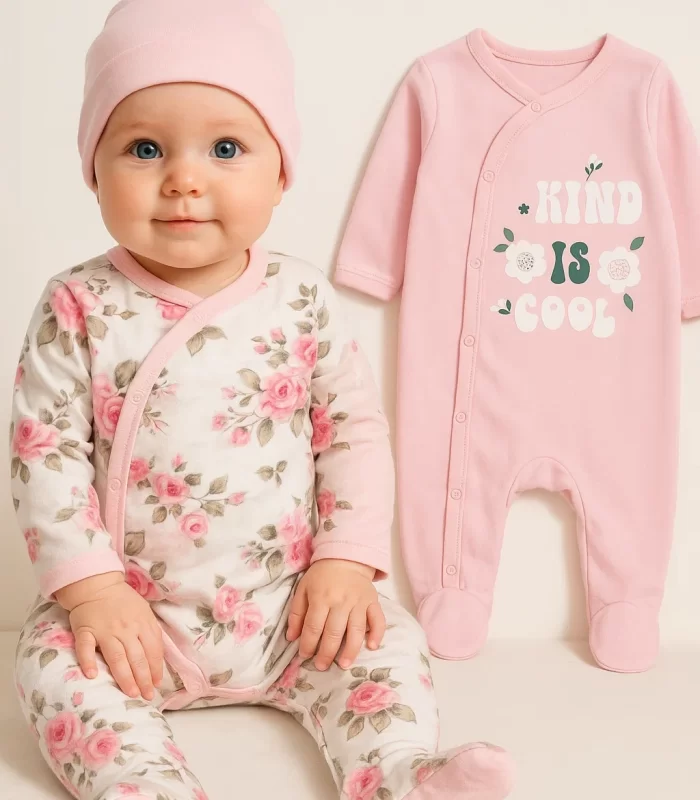 3-6 Ay Kind is Cool Nakışlı Kız Bebek 4lü Tulum Seti Pembe