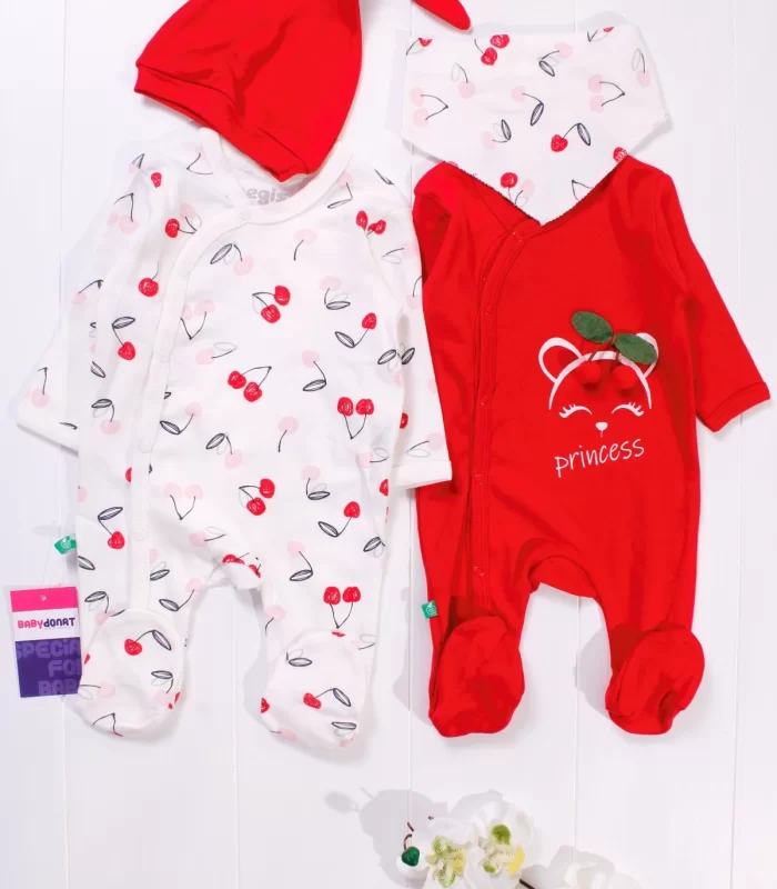 3-6 Ay Kiraz Aksesuarlı Kız Bebek 4lü Tulum Seti Kırmızı