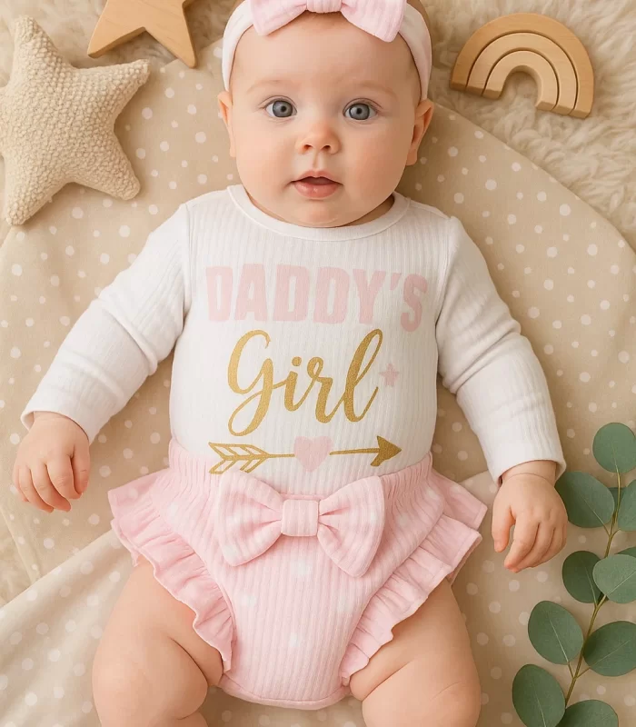 3-6 Ay Kız Bebek Alt&Üst Takımı Daddys Girl Bandanalı Pembe