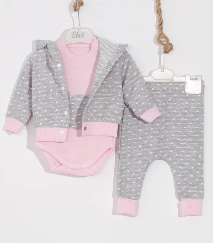 3-6 Ay Kız Bebek Takımı Bear Nakışlı Puanlı 2li Pembe
