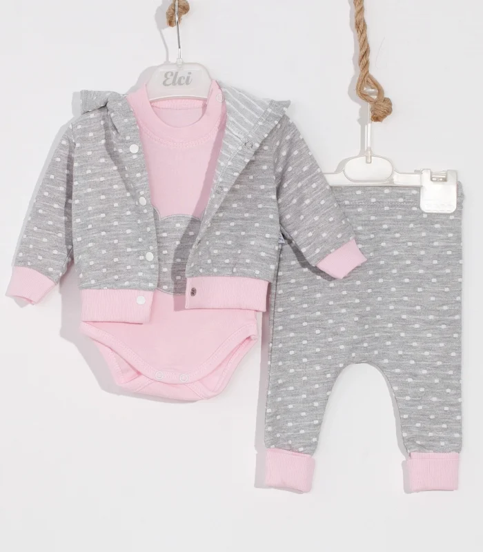 3-6 Ay Kız Bebek Takımı Bear Nakışlı Puanlı 2li Pembe