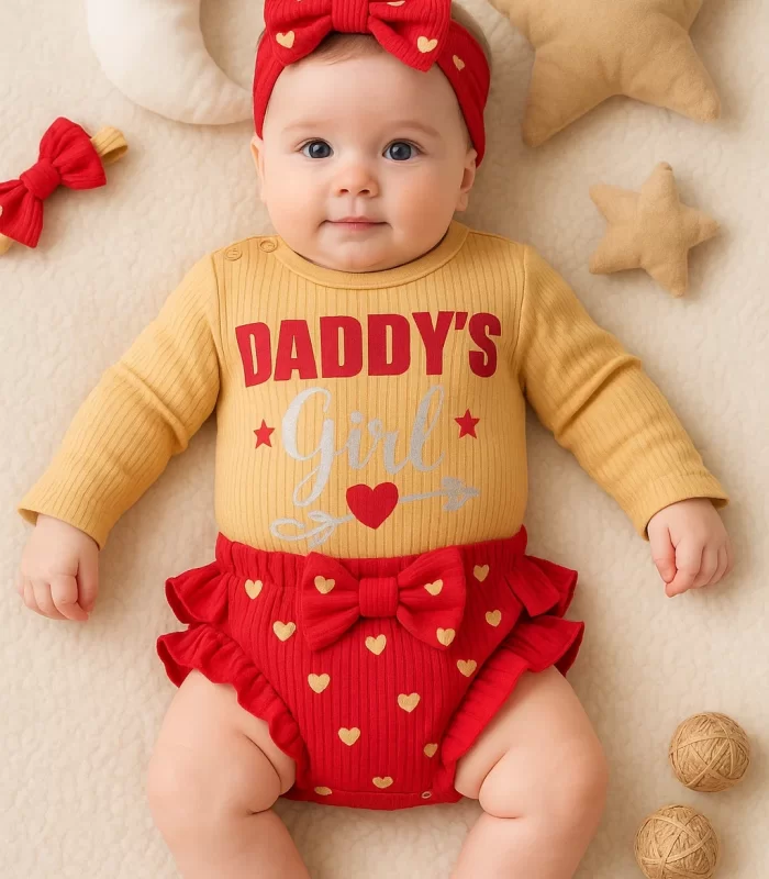 3-6 Ay Kız Bebek Takımı Daddys Girl Bandanalı Hardal