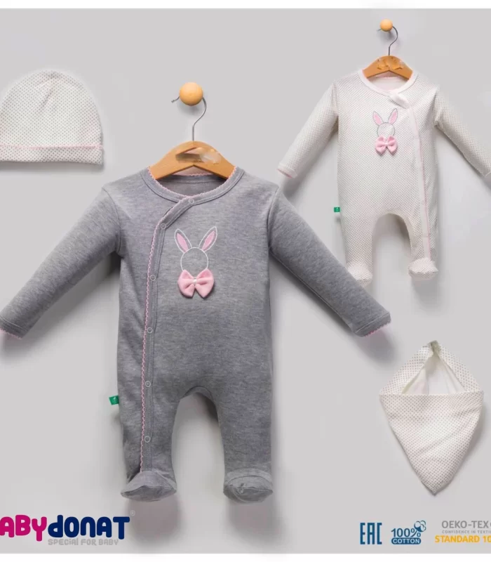 3-6 Ay Tavşan Desenli Fiyonklu Kız Bebek 4lü Tulum Seti Gri