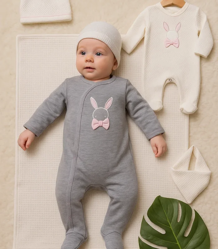 3-6 Ay Tavşan Desenli Fiyonklu Kız Bebek 4lü Tulum Seti Gri