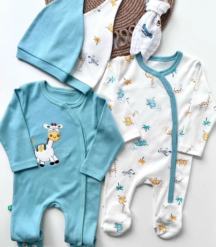 3-6 Ay Zürafa Nakışlı Erkek Bebek 4lü Tulum Seti Yeşil