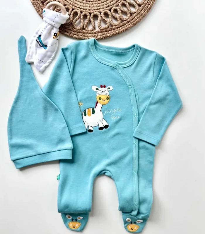 3-6 Ay Zürafa Nakışlı Erkek Bebek 4lü Tulum Seti Yeşil