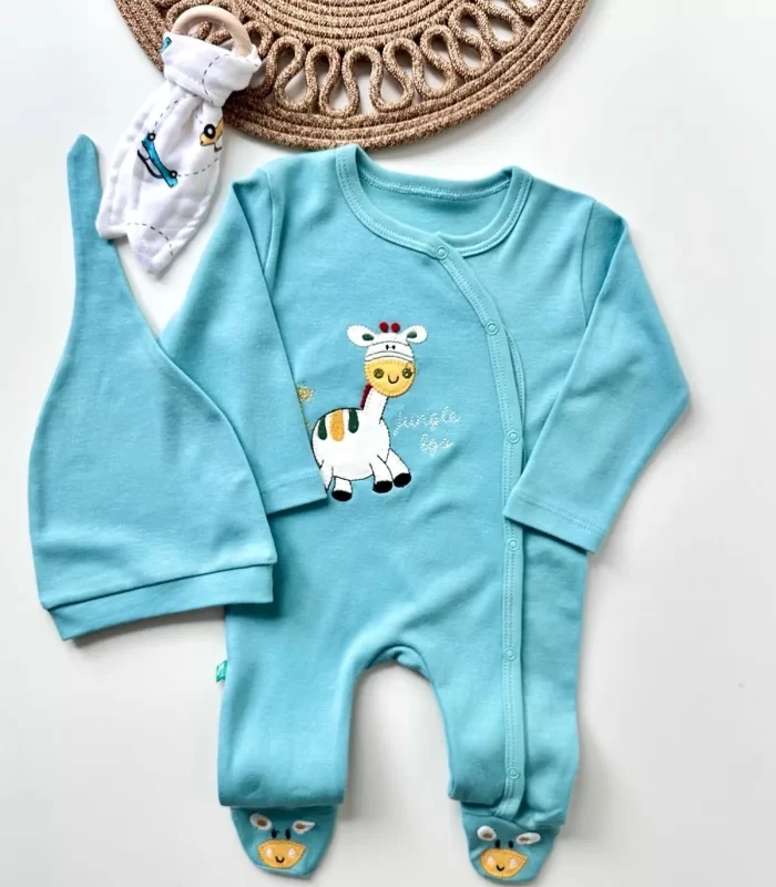 3-6 Ay Zürafa Nakışlı Erkek Bebek 4lü Tulum Seti Yeşil