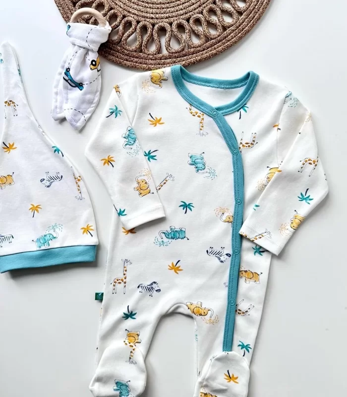 3-6 Ay Zürafa Nakışlı Erkek Bebek 4lü Tulum Seti Yeşil