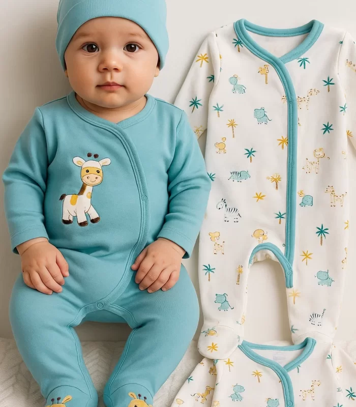 3-6 Ay Zürafa Nakışlı Erkek Bebek 4lü Tulum Seti Yeşil