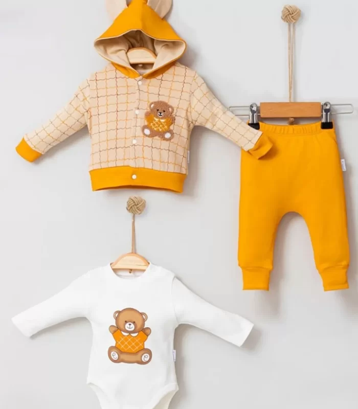 3-9 Ay Bear Çizgili Hırkalı 3lü Bebek Alt&Üst Takımı Sarı