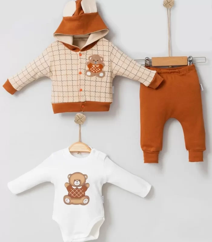 3-9 Ay Bear Çizgili Hırkalı 3lü Bebek Takımı Kahverengi