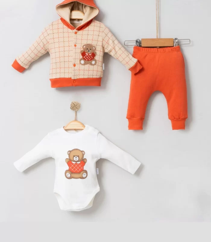 3-9 Ay Bear Çizgili Hırkalı 3lü Bebek Takımı Kiremit