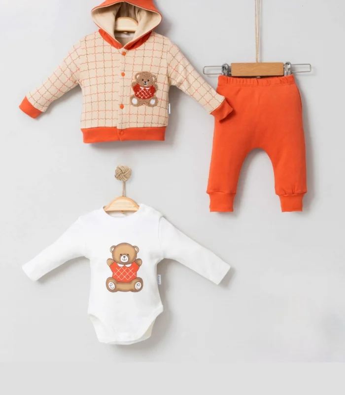 3-9 Ay Bear Çizgili Hırkalı 3lü Bebek Takımı Kiremit