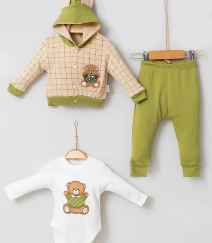 3-9 Ay Bear Çizgili Hırkalı 3lü Bebek Takımı Yeşil
