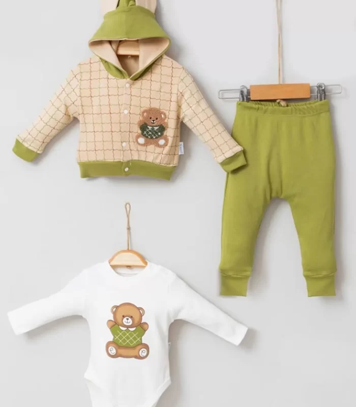 3-9 Ay Bear Çizgili Hırkalı 3lü Bebek Takımı Yeşil