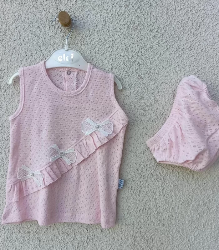 3-9 Ay Bebek Brode Fiyonklu Külotlu Yazlık Takımı PEMBE