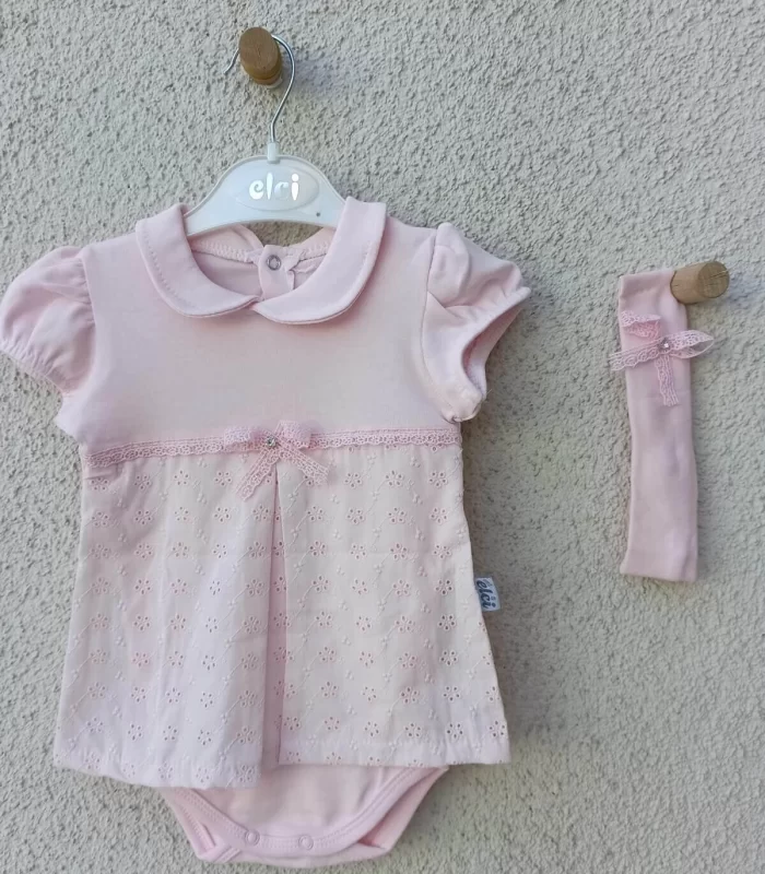 3-9 Ay Bebek Yaka Çiçek İşlemeli Bandanalı Badi Pembe