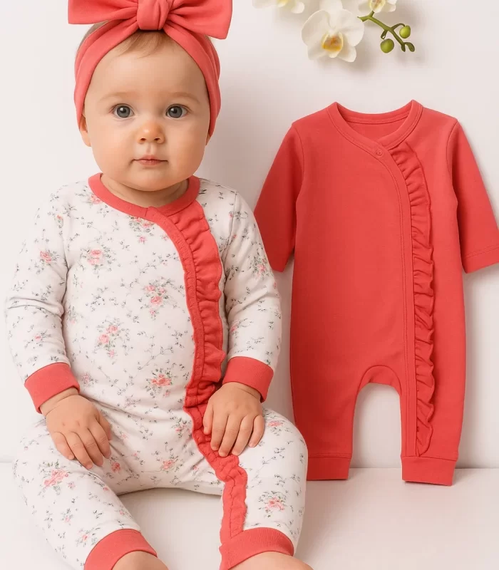 3-9 Ay Çiçek Kız Bebek 4lü Tulum Seti Nar Çiçeği