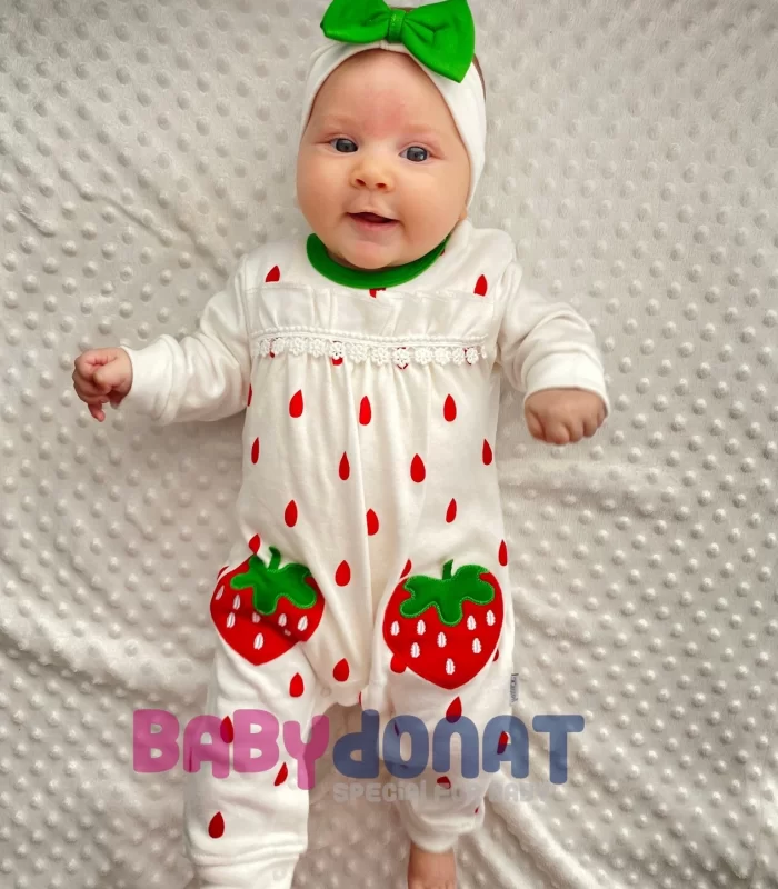 3-9 Ay Çilek Modelli Kız Bebek Tulumu Beyaz