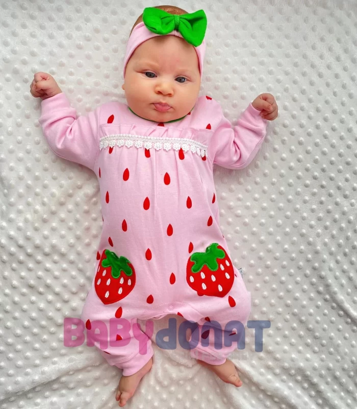 3-9 Ay Çilek Nakışlı Kız Bebek Tulumu Pembe