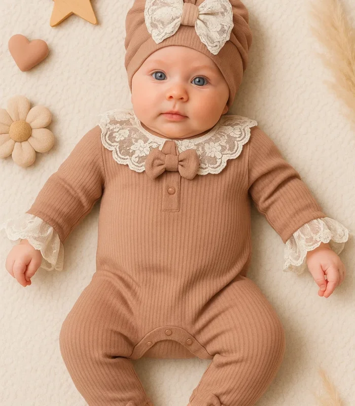 3-9 Ay Dantel Yaka Kız Bebek Tulumu Şapkalı Kahverengi