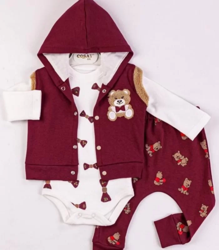 3-9 Ay Erkek Bebek Takımı Bear Nakışlı Yelekli 3lü Bordo