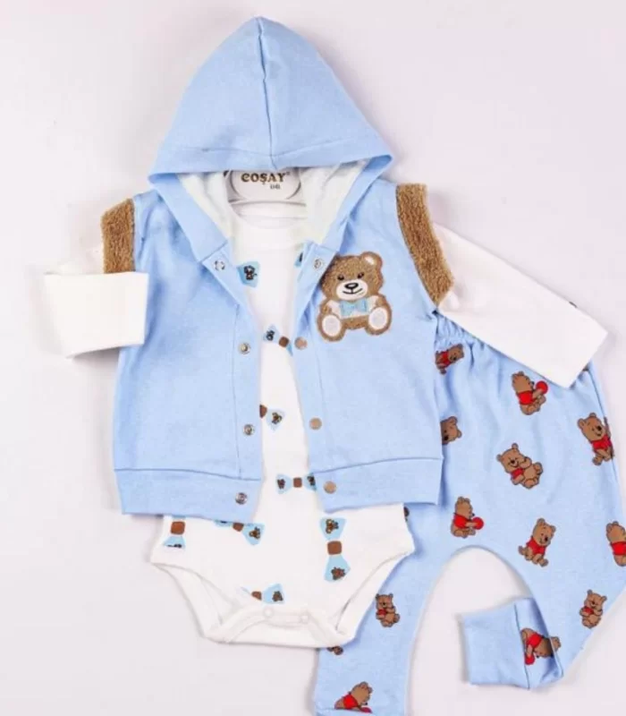 3-9 Ay Erkek Bebek Takımı Bear Nakışlı Yelekli 3lü Mavi